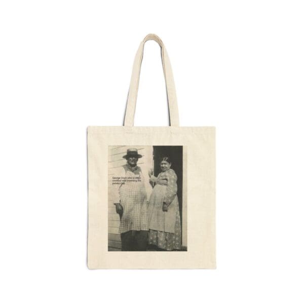 Black and white photo of a couple on a tote bag.