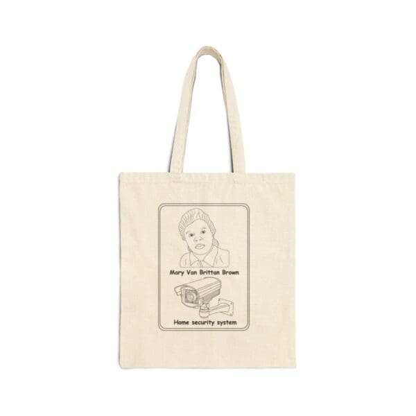 Tote bag with Mary Van Brittan Brown and a security camera.