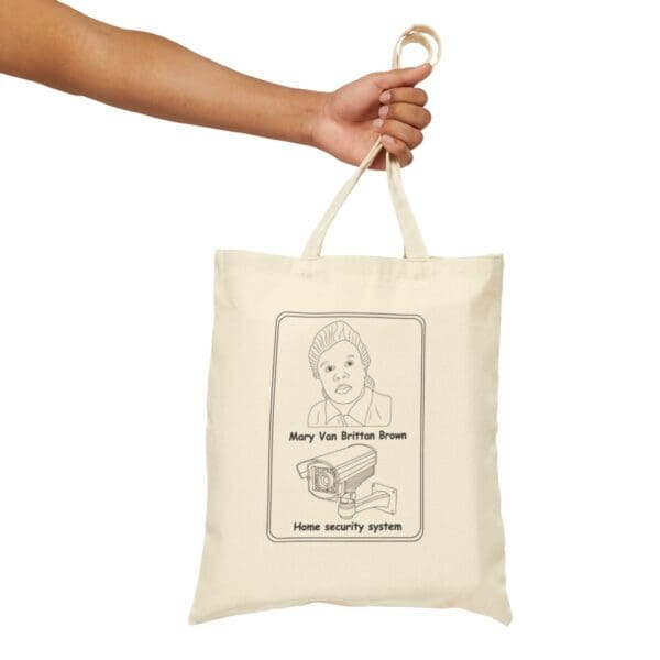 Hand holding a tote bag with a security system design.