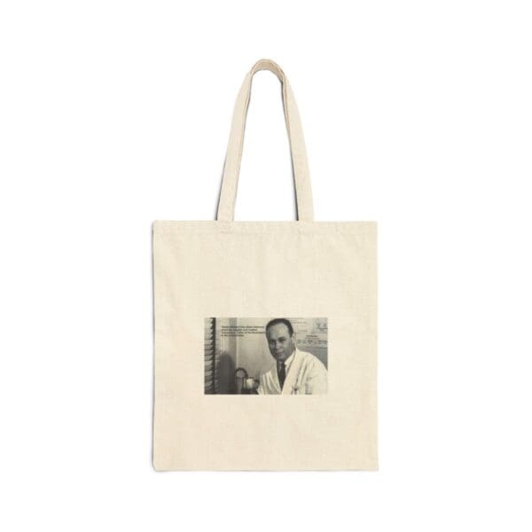 Black and white photo of a man on a tote bag.