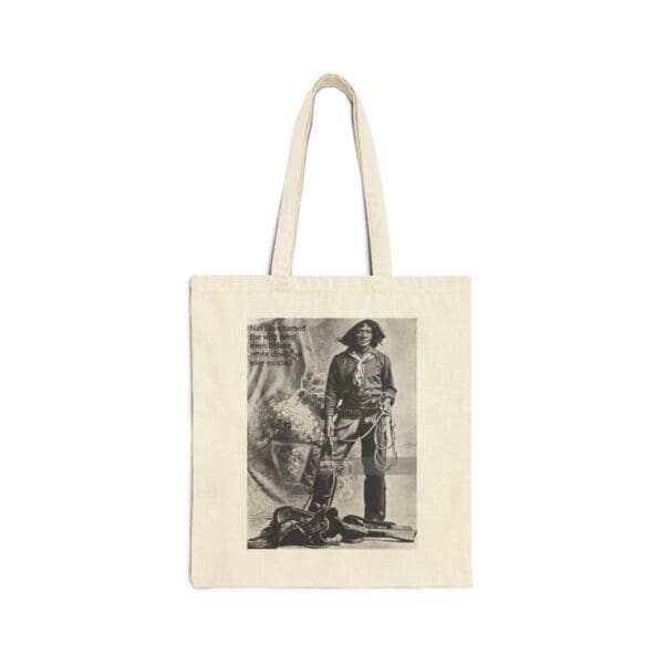 Black and white photo of a cowboy on a tote bag.