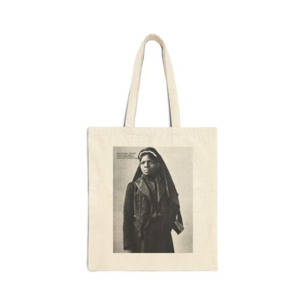 Black and white tote bag with woman.