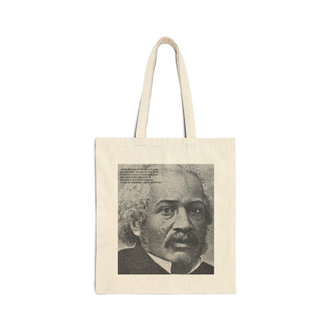 Black and white tote bag with a man's portrait.