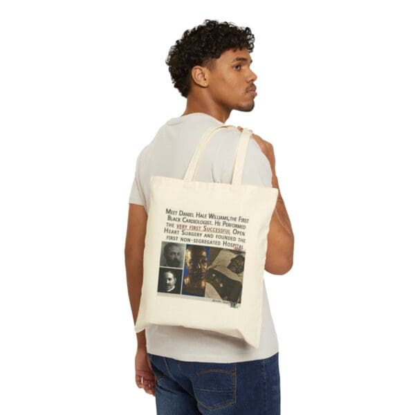 Man carrying a tote bag with Daniel Hale Williams.