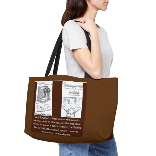 Brown tote bag with Sarah E. Goode invention