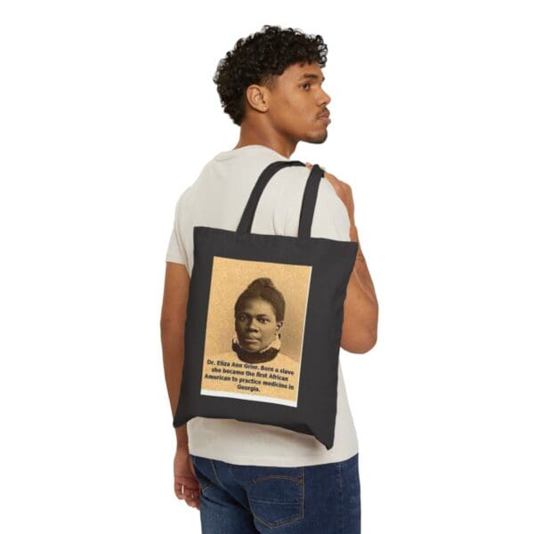 Black tote bag with Dr. Eliza Ann Grier image.