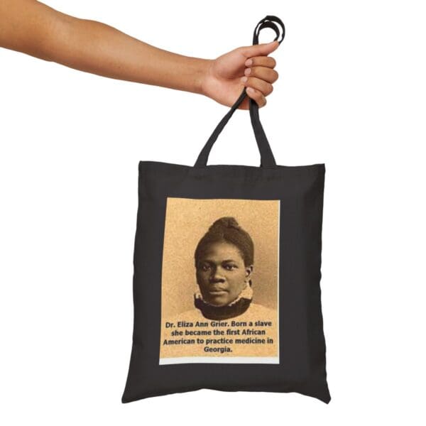 Black tote bag with Dr. Eliza Ann Grier portrait.