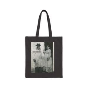 Black tote bag with a photo of a couple.