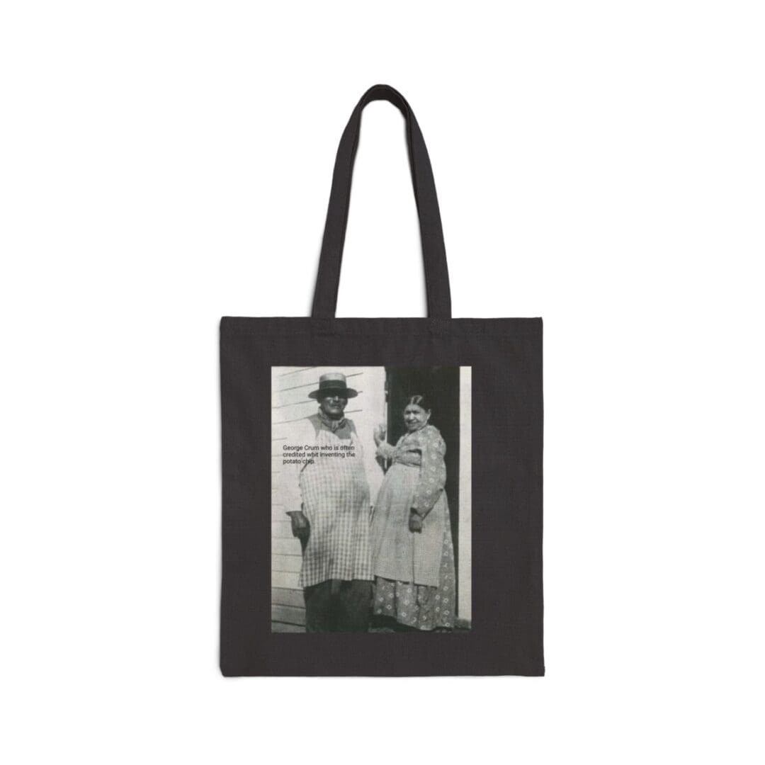 Black tote bag with a photo of a couple.