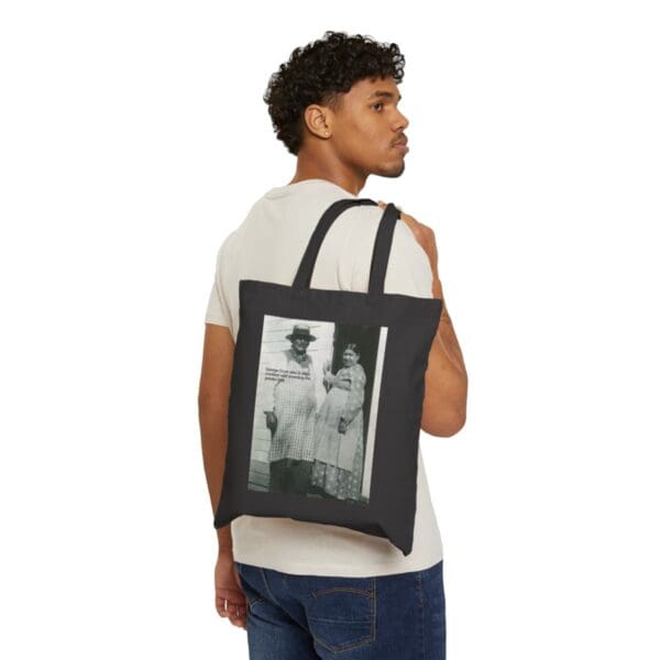 Black tote bag with a vintage photo.