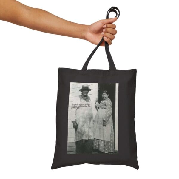 Black tote bag with George Crum image.