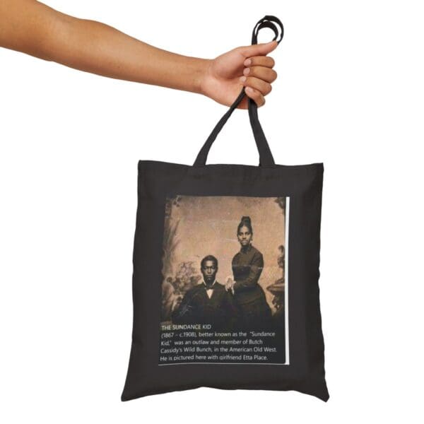 Black tote bag with photo of Sundance Kid and Etta Place.