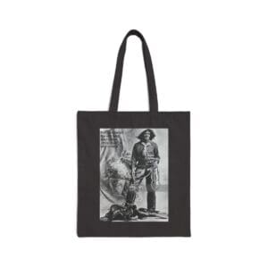 Black tote bag with a black and white photo of a cowboy.