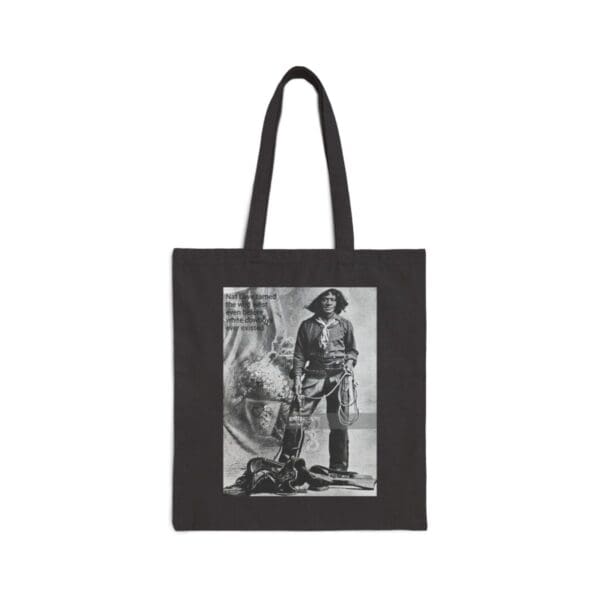 Black tote bag with a black and white photo of a cowboy.