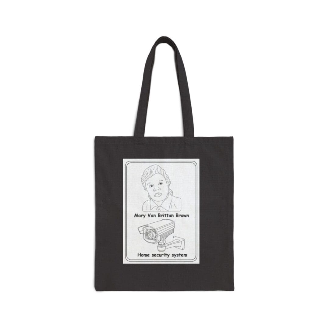 Black tote bag with Mary Van Brittan Brown and home security system illustration.