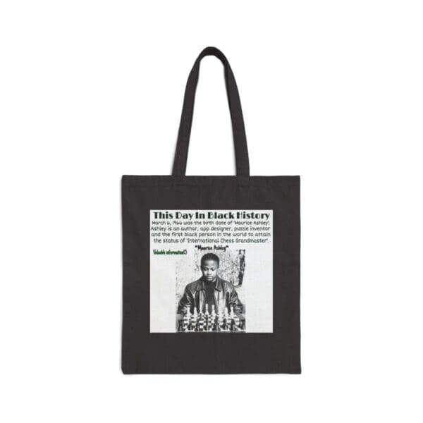 Black tote bag with Maurice Ashley chess image.