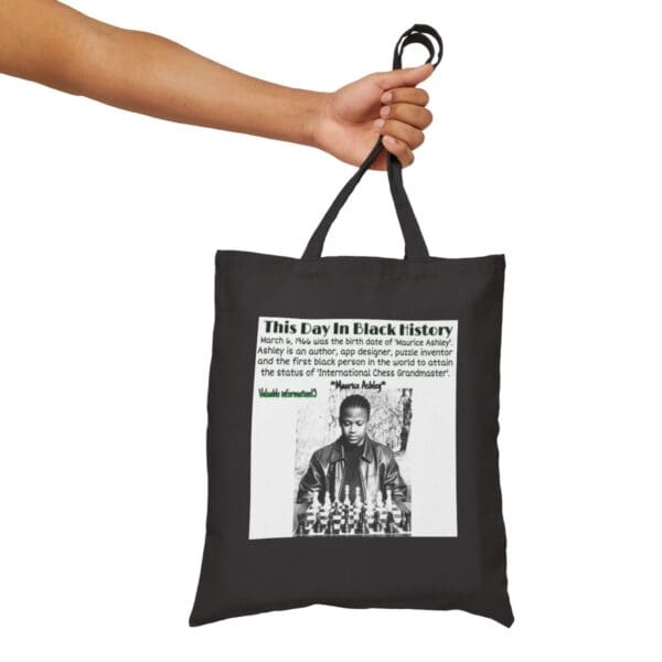 Black tote bag with Maurice Ashley chess image.