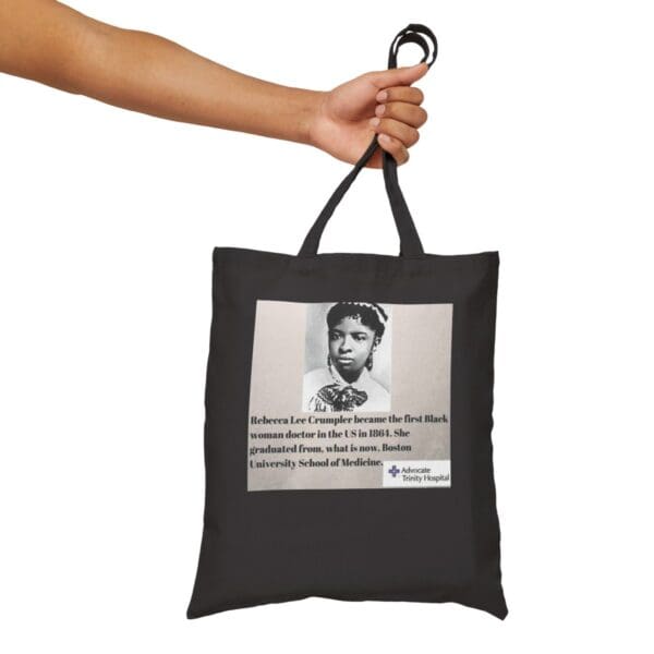 Black tote bag with Rebecca Lee Crumpler image.