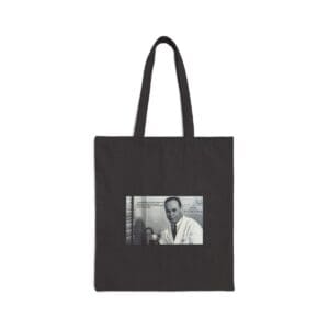 Black tote bag with a photo of a man.