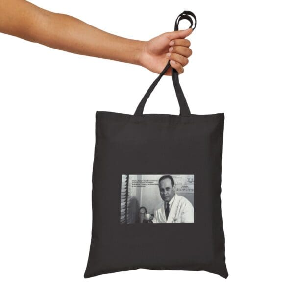 Black tote bag with Dr. Charles Drew image.