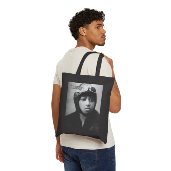 Black tote bag with Bessie Coleman portrait.