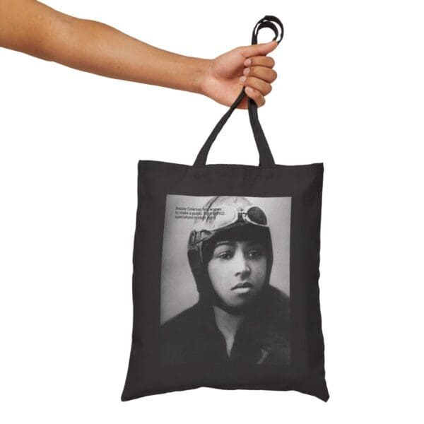 Black tote bag with Bessie Coleman image.