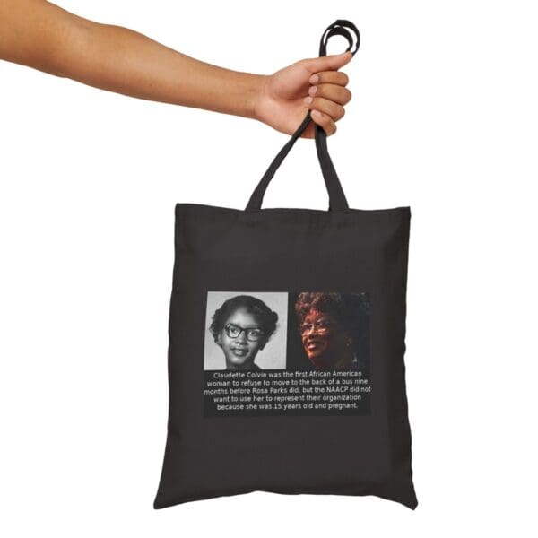 Black tote bag with Claudette Colvin photos.