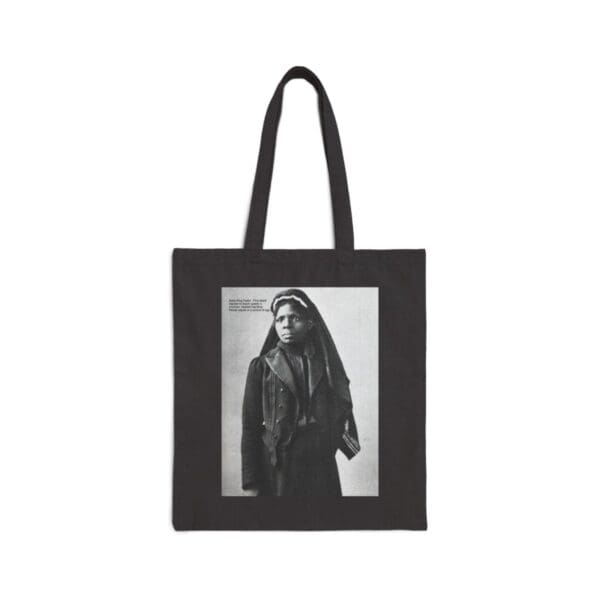 Black and white photo of a woman on a tote bag.