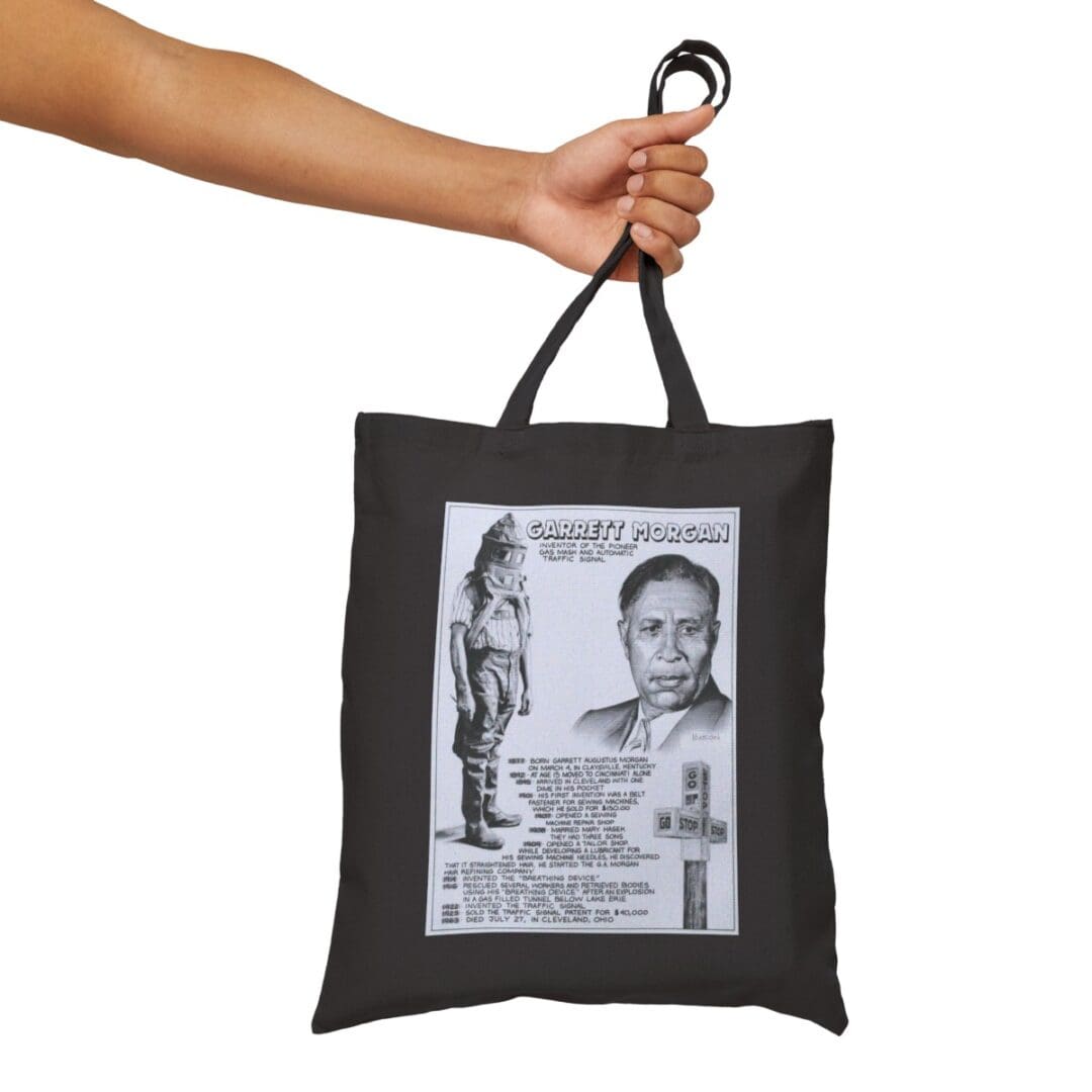 Black tote bag with Garrett Morgan image.