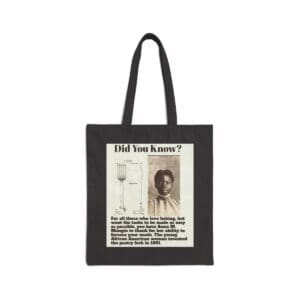 Black tote bag with "Did You Know?" and a photo of a woman.