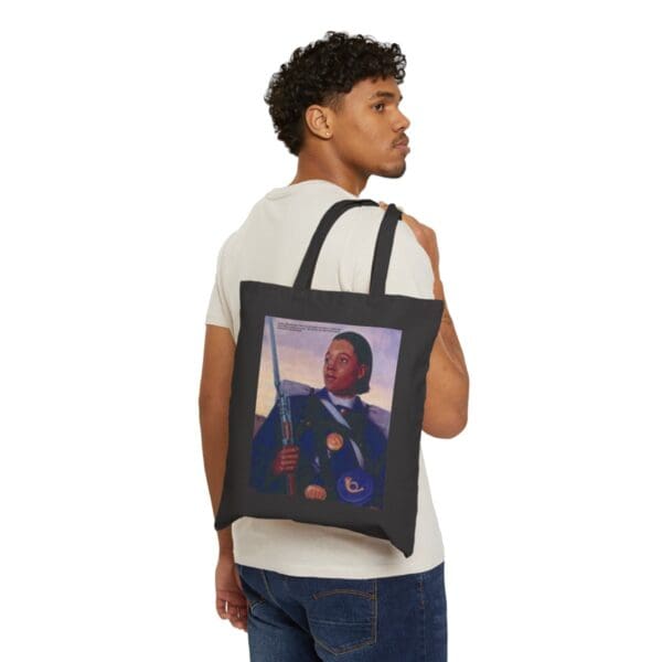 Black tote bag with a soldier portrait.