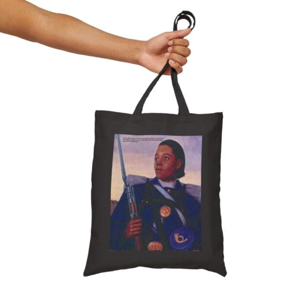 Black tote bag with a soldier image.