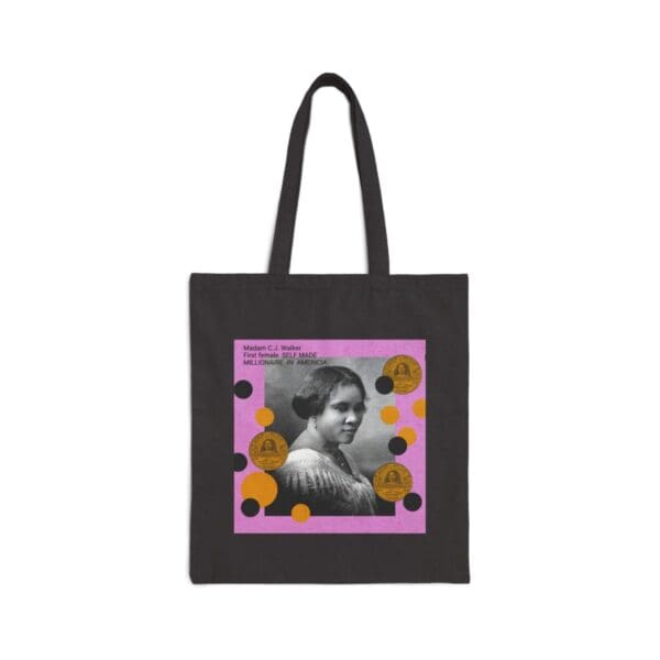 Black tote bag with Madam C.J. Walker image.