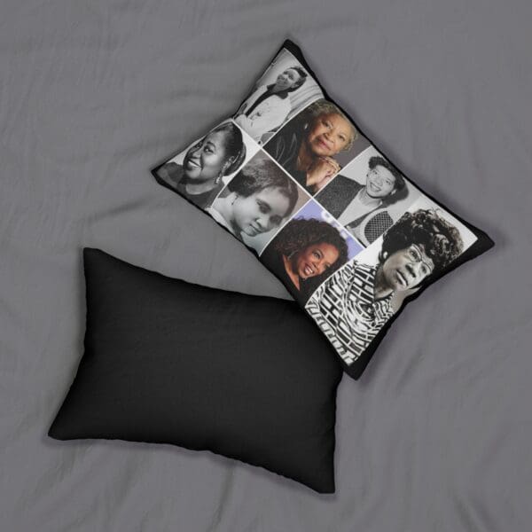 Black and white pillow with photos of famous women.