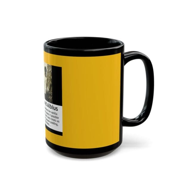 Black mug with yellow and white design.