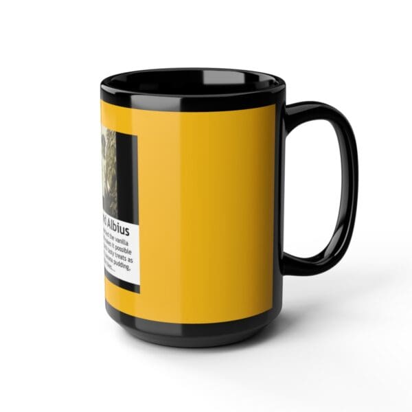 Black mug with yellow quote about Albus.