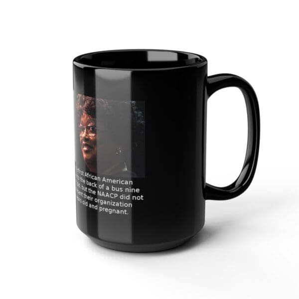 Black coffee mug with quote and portrait.