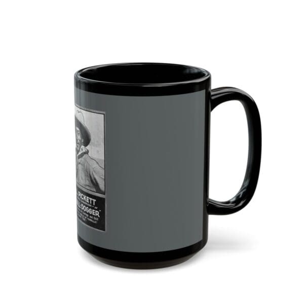 Black mug with a vintage poster of a man.