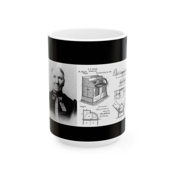 Black and white mug with a patent design.