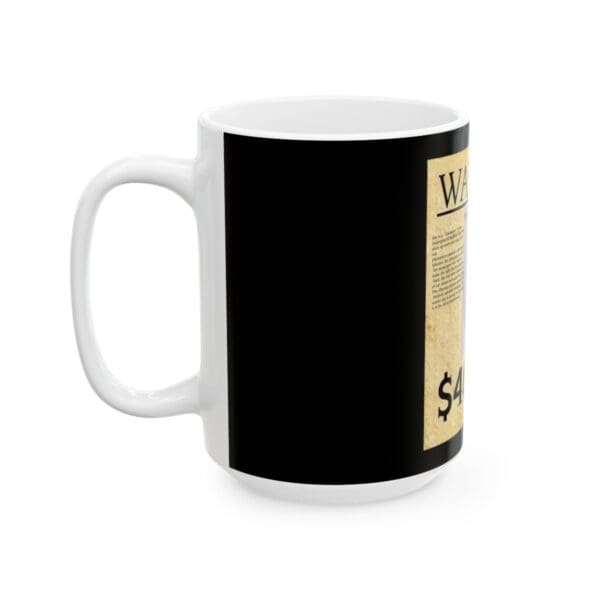 White mug with black and yellow design.