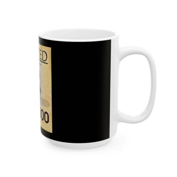 White mug with black and yellow design.