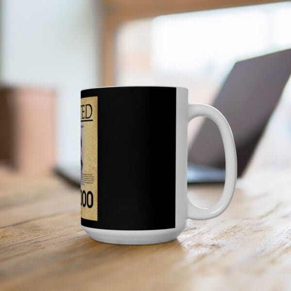 White mug with a wanted poster design.