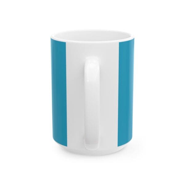 White mug with blue vertical stripes.