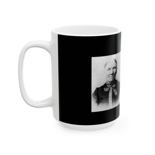 White mug with a black and white photo of an older woman.