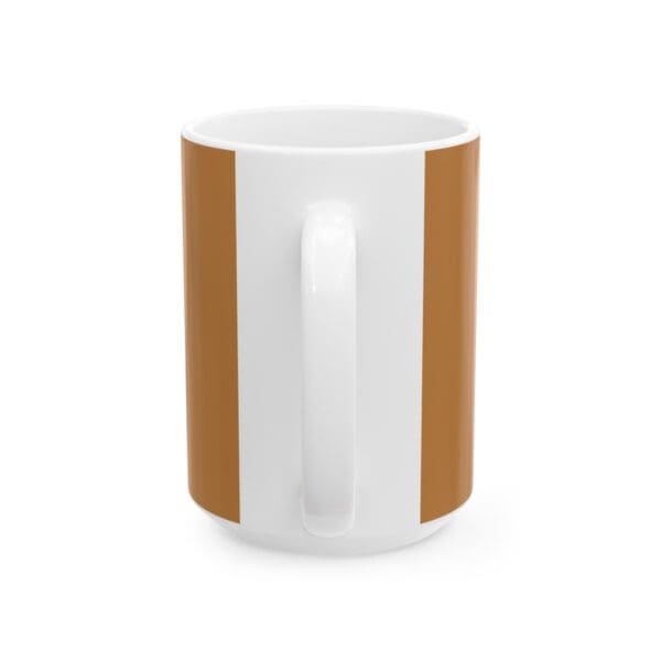 White mug with brown vertical stripes.