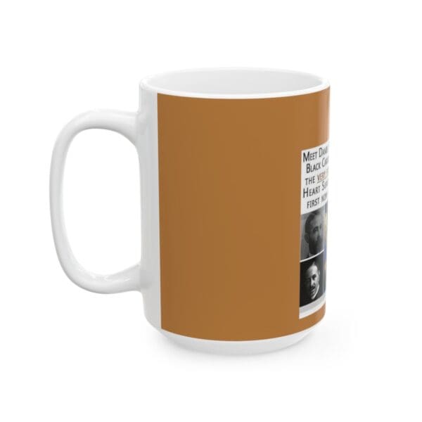 White coffee mug with brown text and faces.