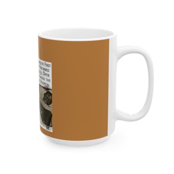 White coffee mug with brown design.