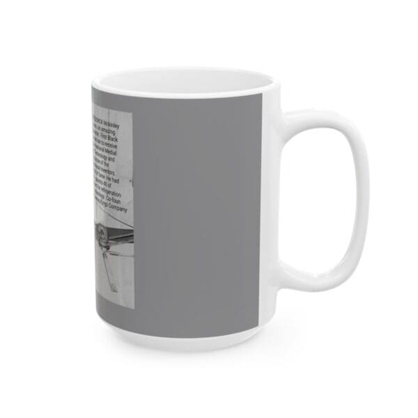 White mug with a grey image of a refrigerator.