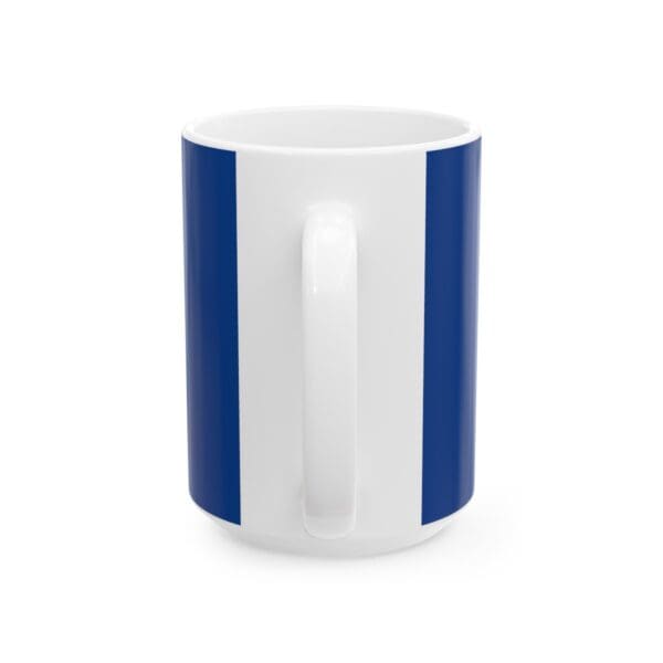 White coffee mug with blue stripes.