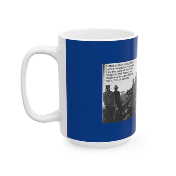 White mug with a blue design of Buffalo Soldiers.